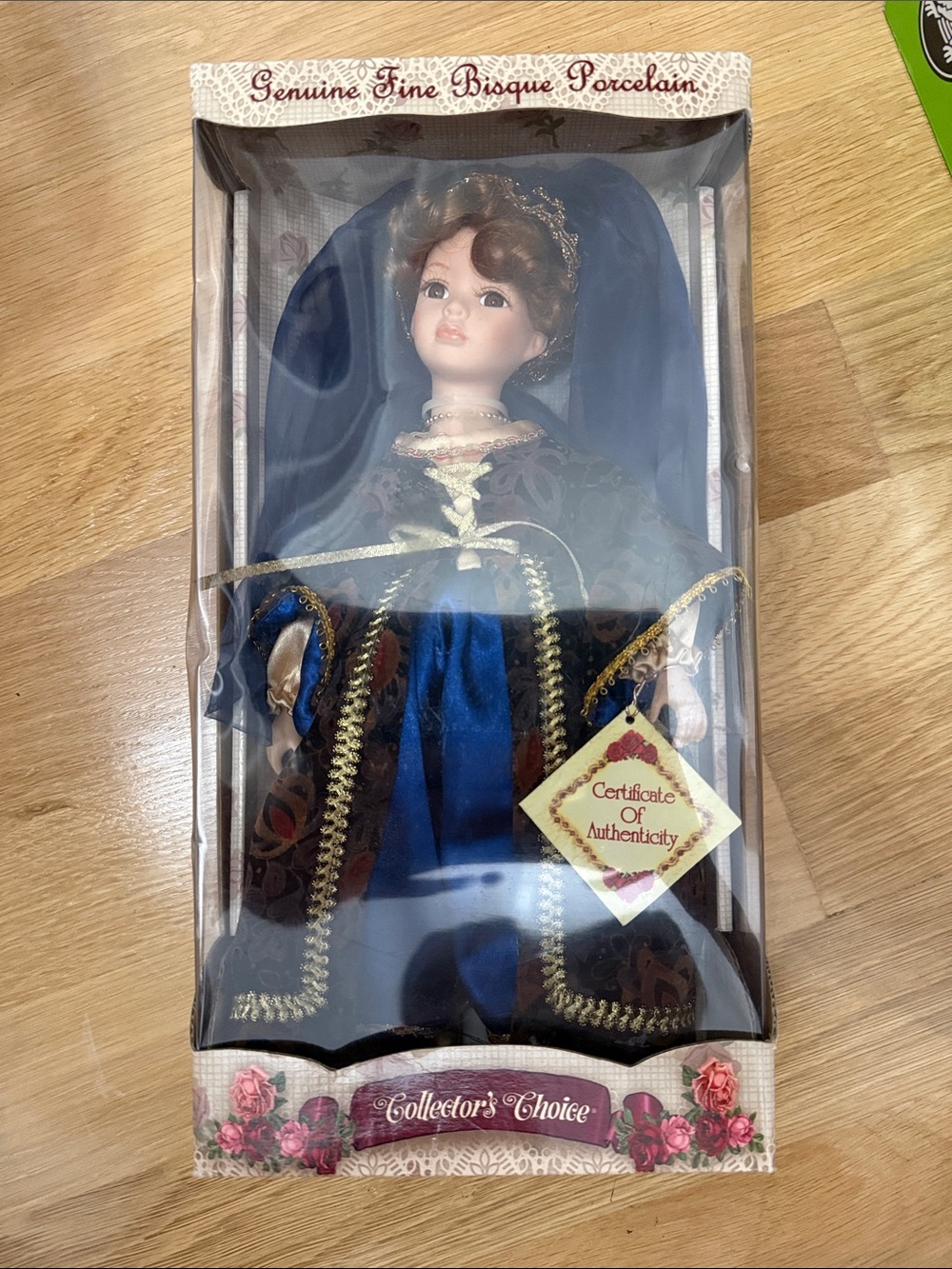 Genuine Fine Bisque Porcelain Collector Doll - Blue & Gold Dress